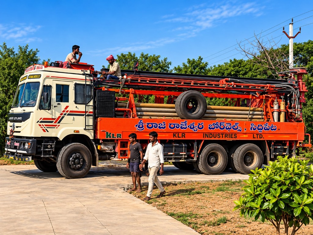 Ashok Leyland KLR industrial borewell drilling truck and on-site crew