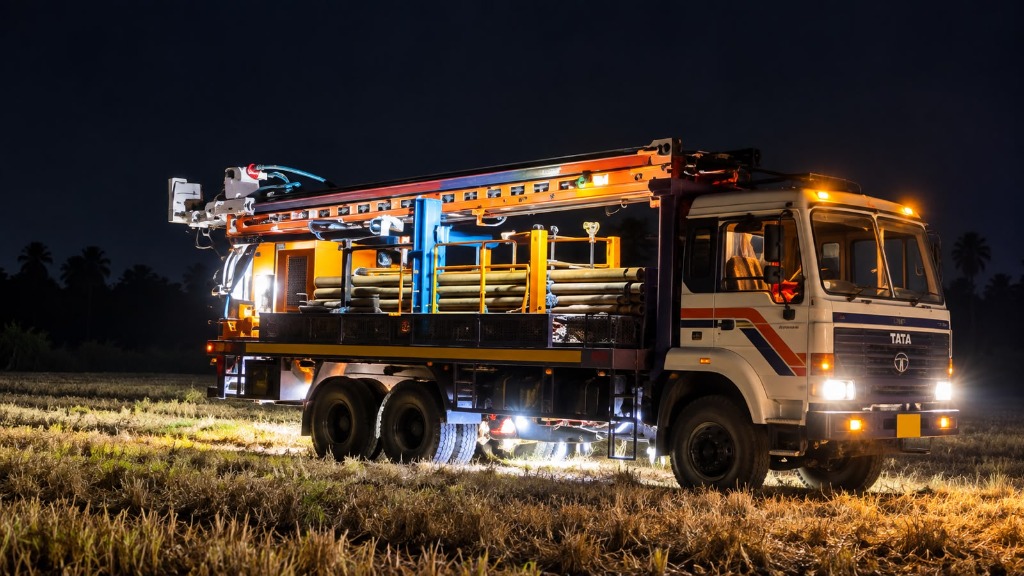 TATA heavy-duty borewell rig truck illuminated on site at night